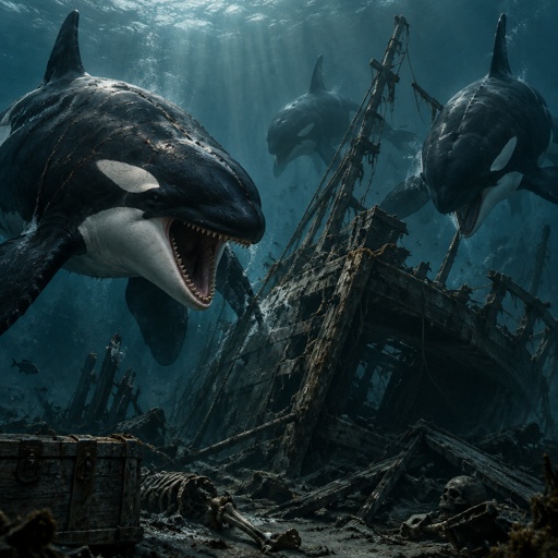 Killer whales, muscular vicious looking, hunters for Shipwreck, the whale hunter