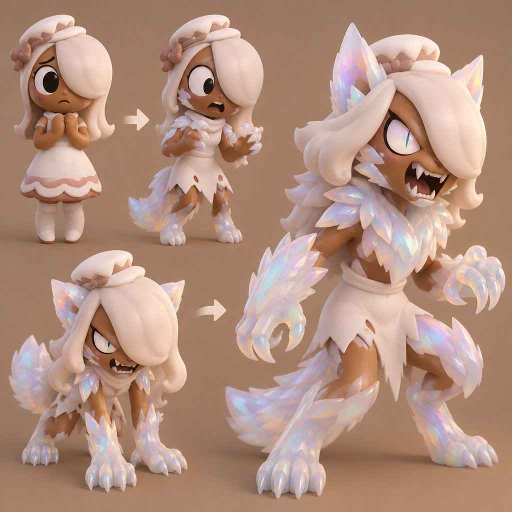 Ginger from dandy’s world turning into a opalite werewolf