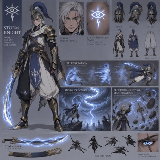 lightning knight, plume helmet, grey hair, eye of the storm mark, baggy pants, scar eye, teleportation ability, storm creation, lightning curved sword, electromagnetism manipulation