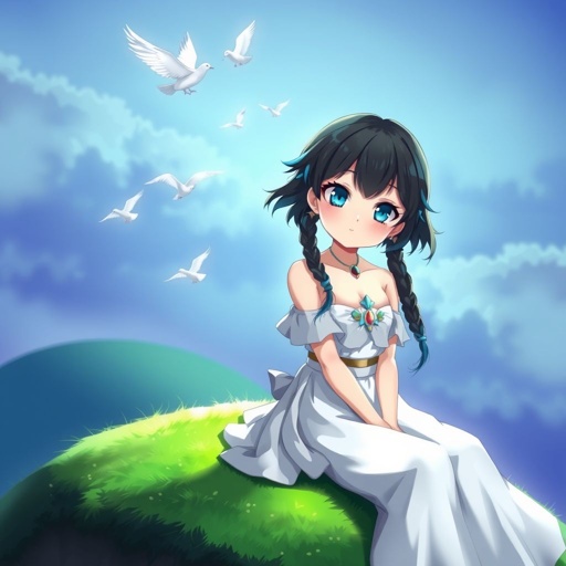 A young female with fair skin and vibrant teal eyes. Black hair with cyan tips in the form of two short braids. Wearing a goddess two-piece outfit (top and trousers) sitting on a hill watching pigeons fly from a very far distance