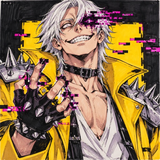 Male, cheekbones, white hair, smooth on top spiky on the bottom, neck length, white eyes, yellow trench coat, metal spike shoulder pads, black choker, low cut white shirt, fingerless gloves with spikes, insane smile, glitch powers, one missing glitchy eye