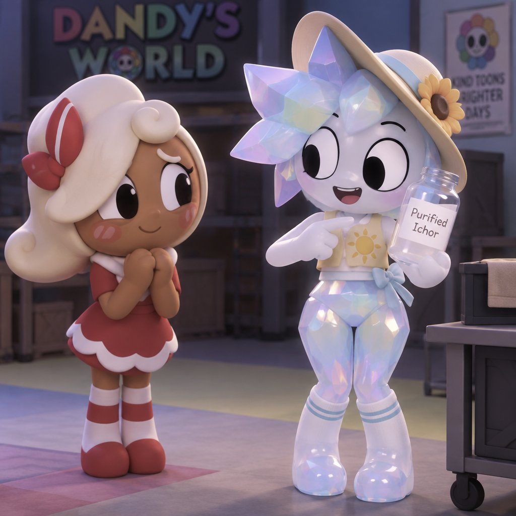 Ginger from Dandy’s world watching my dandy’s world Oc and summer main Crafter the Opalite shard who happens to be Gingers love showing her white Ichor aka Purified Ichor and Ginger notices that her legs and hips and waist are Opalite and the tops of her socks have Opalite crystals on them but she doesn’t mind