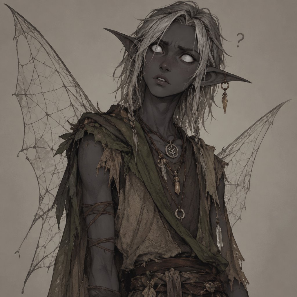 Male, dark grey skin, shoulder length messy hair, pointy ears, completely white large eyes, earring ring, slim, confused, spider web wings, dark elf, ragged nature clothes, multiple necklaces, tunic, concept, face expressions