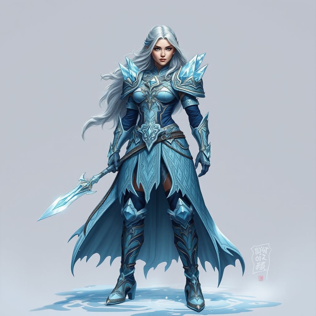 Create a battle woman hero called Alvara the Frostheart. Show full body head to toe including shoes