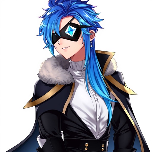 Young Asian man in very early 20’s. Royal blue hair and lighter blue streaks with a lock of hair resting on his left side of his chest. A black eyepatch with gold trim covering his right eye. A periwinkle eye with a diamond-shaped pupil. A half cape with distinctive fur collar, adding a touch of luxury and warmth. His shirt is a white, collared blouse with a noticeable neckline, giving a sense of sophistication and a hint of boldness. Also with dark, form-fitting trousers that emphasise his physique. He also has a blue earring on his left ear, and knee-length boots that complete the ensemble, adding to the overall elegant aesthetic