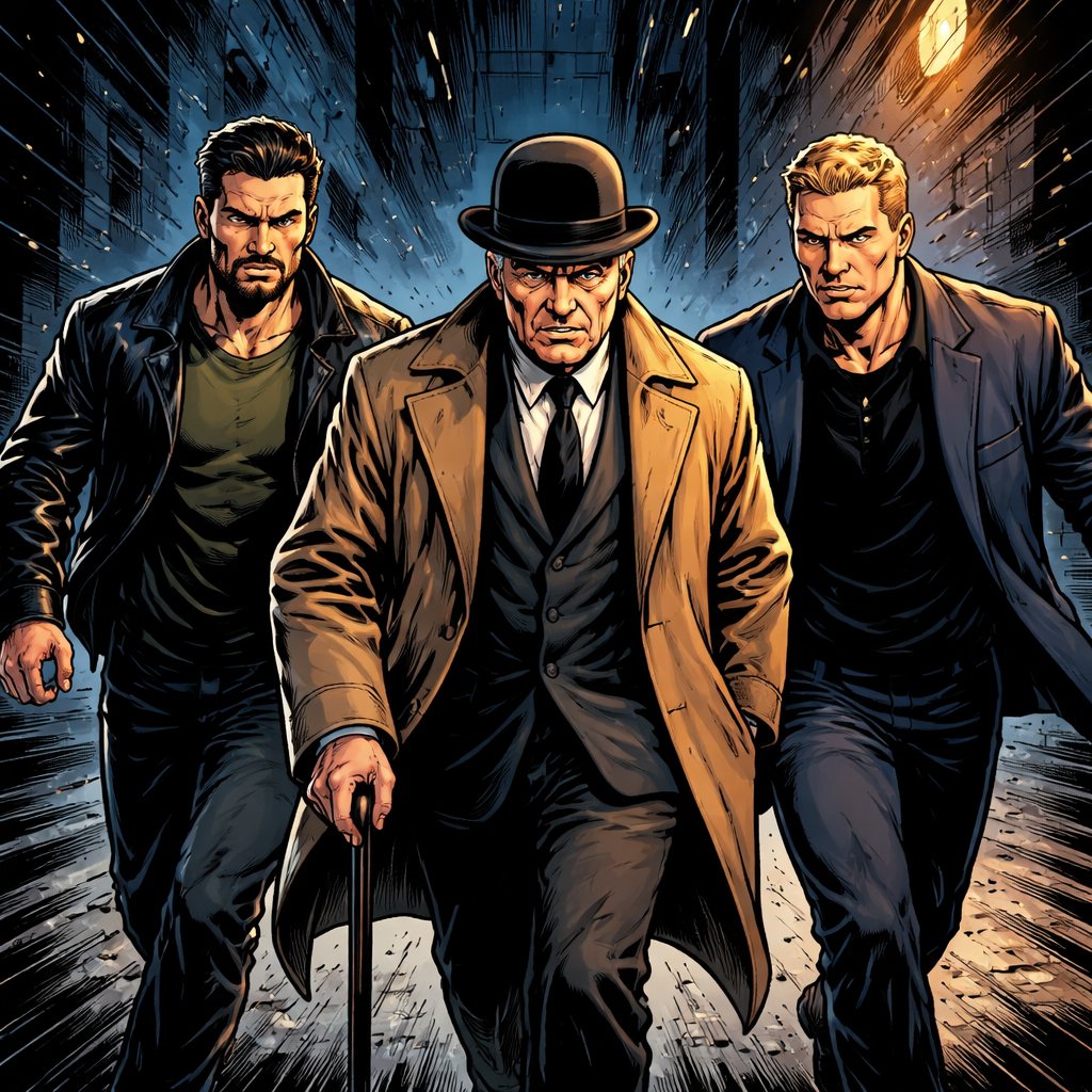 Two men are on either side of an elderly man with a boulder hat. They’re walking down a dark alleyway at night.