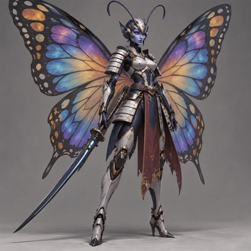 A gorgeous multi colors alien butterfly woman in a futuristic space samurai armor. Show whole body. 