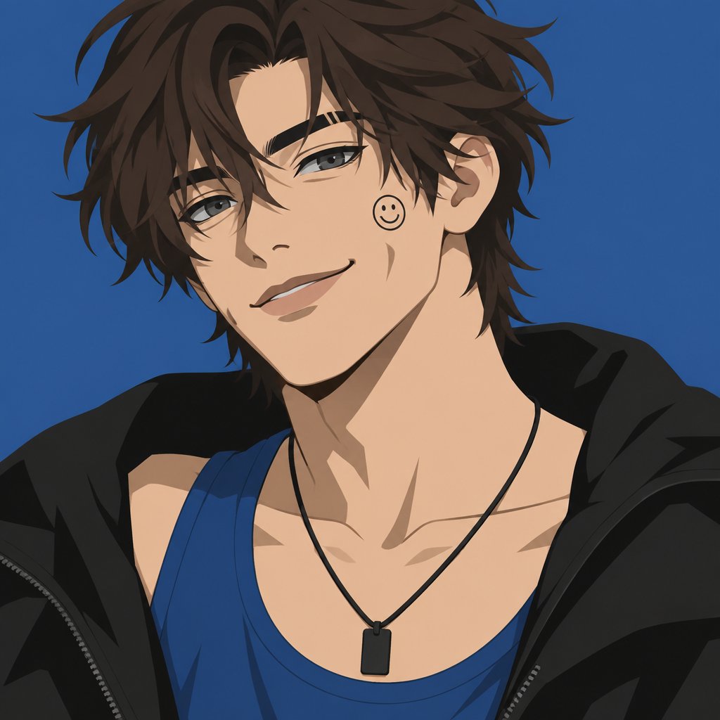 Male, neck length dark brown messy hair, smiley face on cheek, dimples, grey eyes, eyebrow slit, blue tank top, black jacket, black necklace
