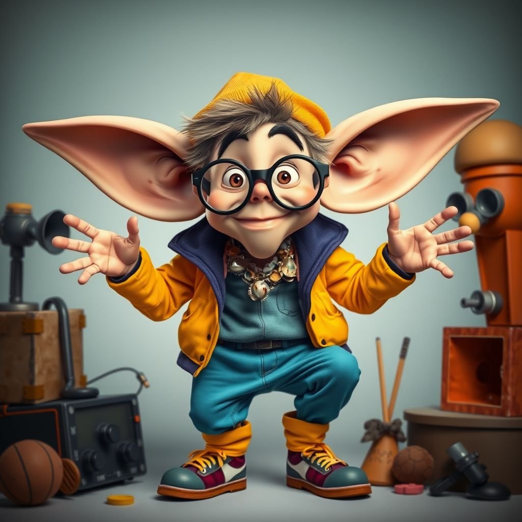 Create a funny human who has big ears , show entire body head to toe 