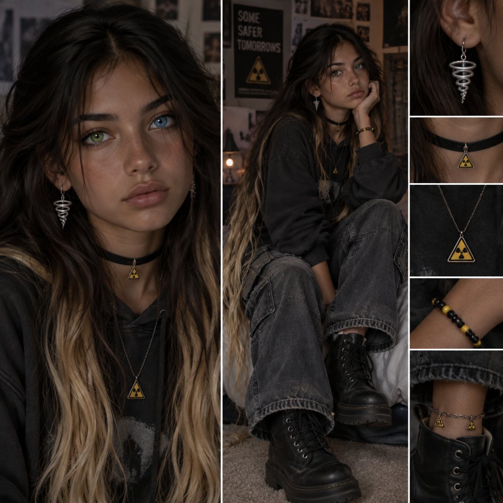 Female, 16, black hair with blond tips, ankle length hair, one bright green eye and one deep blue eye, tanned skin, black choker with a hazard triangle charm (small), tornado drop down earrings, oversized hoodie, baggy jeans, boots, a black with yellow accents beaded bracelet, a black anklet with a hazard charm, and a hazard charm necklace