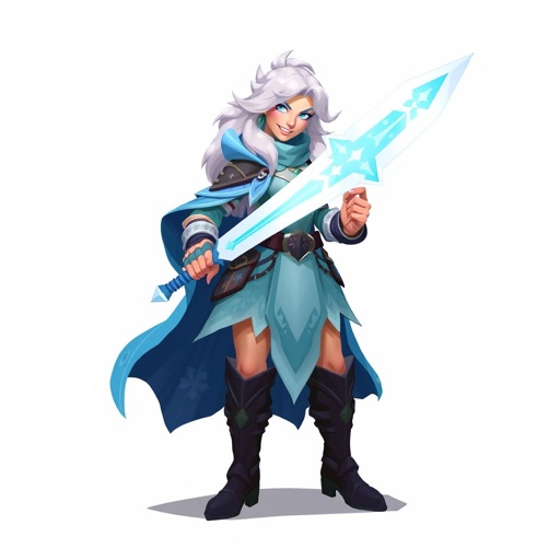 Create a battle woman hero called Alvara the Frostheart. Show full body head to toe including shoes