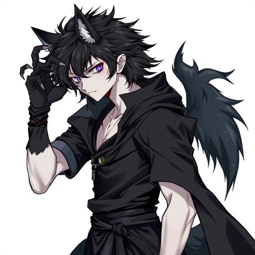Create in anime style, a teenage adult male human who is gothic and has pale skin and is wearing black attire and has werewolf features including werewolf’s ears and werewolf’s claws and a werewolf’s tail.