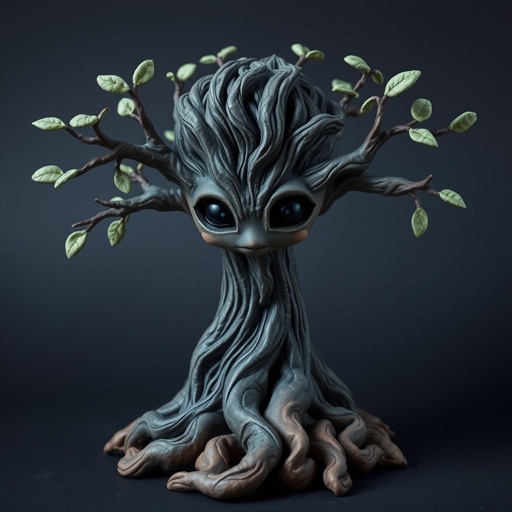 Give me a image of a fantasy dark  tree, with roots in the bottom