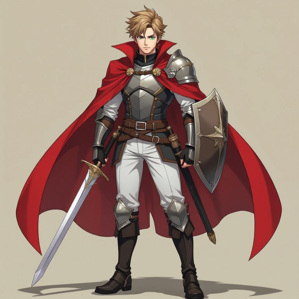 Young Man, Armor, red great coat, brown belt, white pants, black knee-high boots, shield on his back, sword at his hip, sandy colored hair, short hair, green eyes, manwa style, clean shaven, black gloves