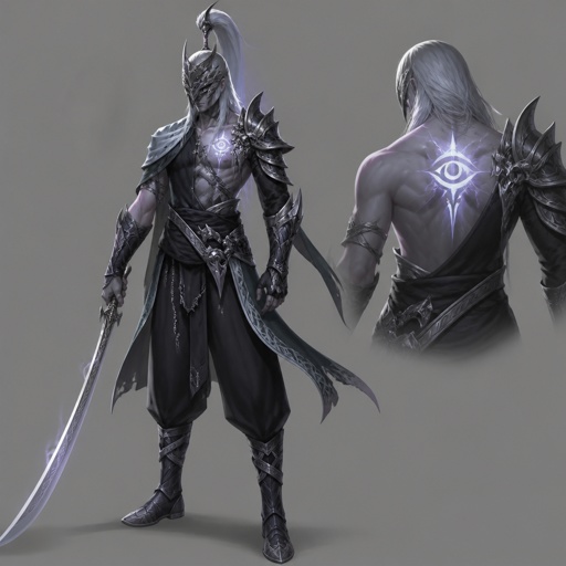 assassin, long curved sword, crested helmet, dark silver armor, luminous lord, baggy pants, eye of the storm mark, silver hair
