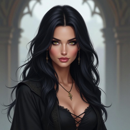 Show character head to toe. Create a mid age fantasy woman jet-black hair is cut sharpand her eyes seem to pierce through darkness. A shadowy aura clings to her form,