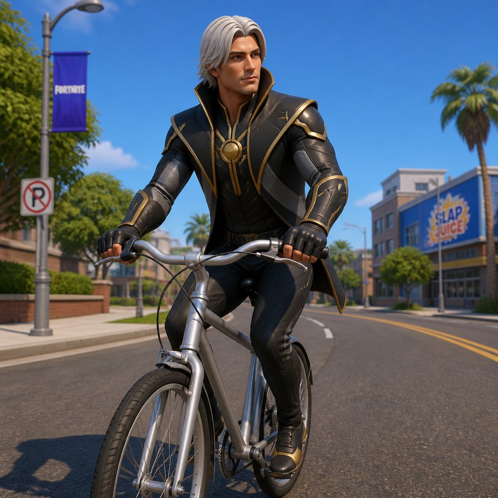 The ageless from Fortnite no mask riding a bike
