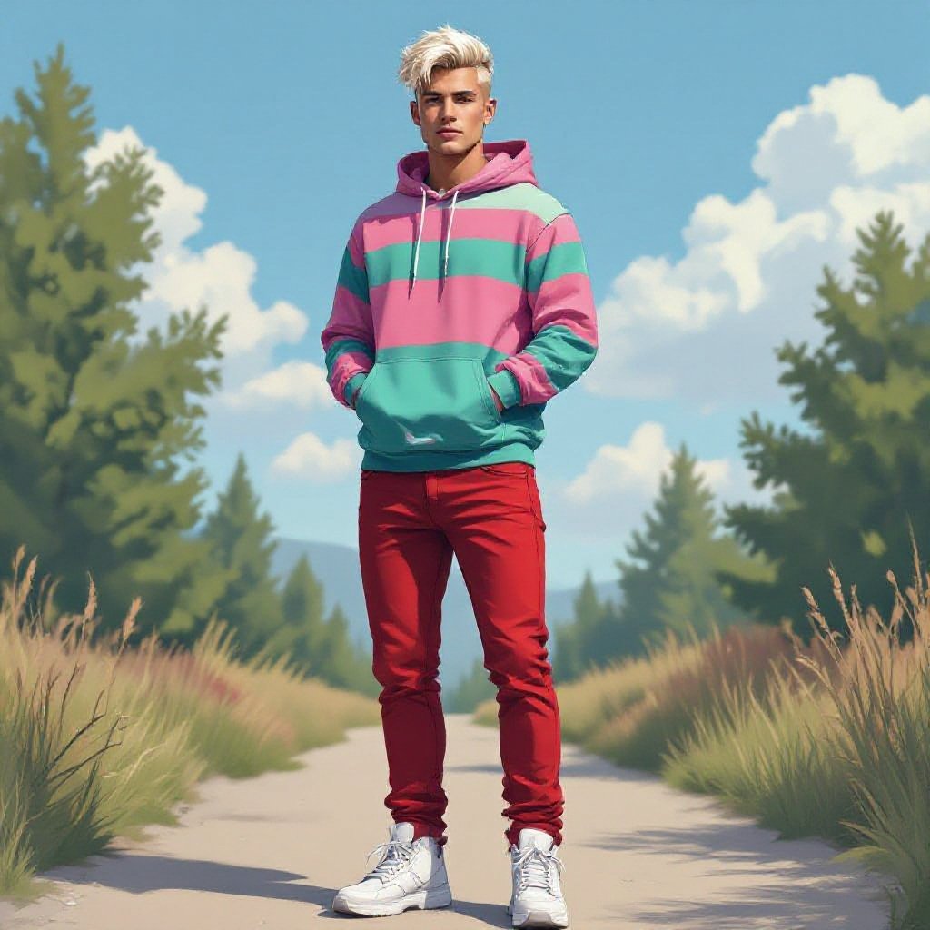 A 19 Year Old Man in Red Skinny Jeans Pink and Teal Striped Tactical Hoodie with Platinum Blonde Hair and an Undercut. White Hiking Shoes. In an Outdoor Walking Path. 
