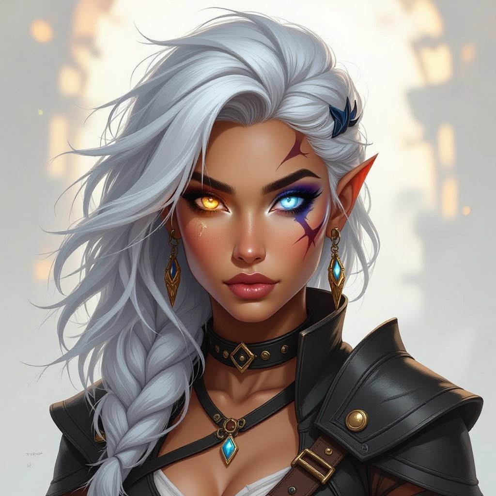DND Dragonborn female with tan skin with messy battle white and black hair her left is is a bright glowing Amber Auburn and her right eye is a bright glowing sky blue with a smooth dagger scar down her left eye