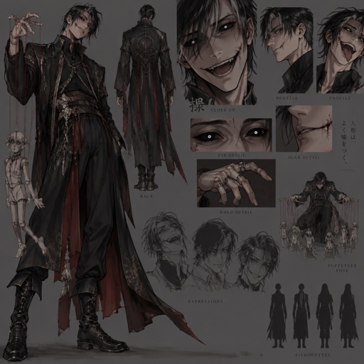 Male villein with puppeteer powers, medium length black hair, white streak in hair, cool villain clothes, completely black eyes with white pupils, scars, insane, unusually long mouth, Asian