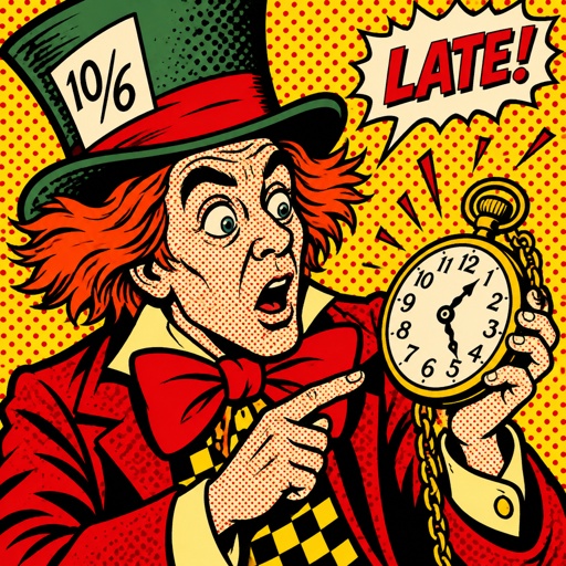 The mad hatter is checking his pocket watch that is going crazy