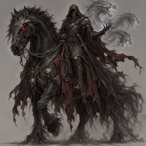 dark assassin, dragon eye, large horse companion, spirit summoning abilities, horseman of the apocalypse