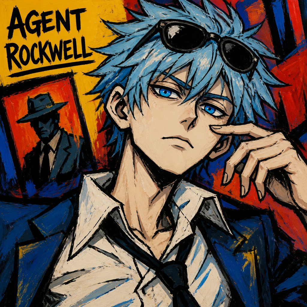 Comic Anime Agent Rockwell very poof up messy hair half side longer and drooped down hair is a light blue skin color white, very bright blue eyes, wears a suit tie is loose, he doesn't wear his jacket his collar to his shirt is uneven sunglasses on his head He's know for his mischievous and reckless behavior but takes missions very seriously is one of the best agents they have Ren is Rockwell's partner is very serious and organized opposite of Rockwell, get very annoyed at Rockwell's behavior they tend to argue with each other but Rockwell is more of having fun