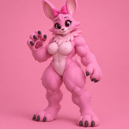 Pinki from Sprunki as her kind WereRabbit self noticing that she’s getting bigger and stronger with her feet looking like WereRabbit paws and her hands looking the same with her eyes turning black and her pupils turning pink with her chest getting more muscular and her boobs getting a little bigger and her legs bulking out to be as muscular as her arms as her neck gets fluffier and her head gets more fur with her cheek fur originally being flush with her face sticking out with her ears turning into a WereRabbits and her pink bow stays on her head 