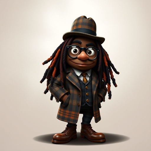 Create a funny serious fat character similar to Sherlock Holmes, but make him of black decent and with dread locks. Show his whole outfit including his shoes.