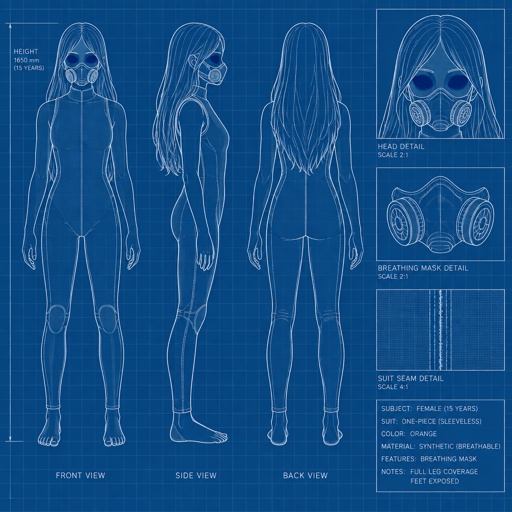 Female wearing an orange one piece legs covered sleeveless feet showing, red long hair, completely black eyes, orange breathing mask, 15 years old 