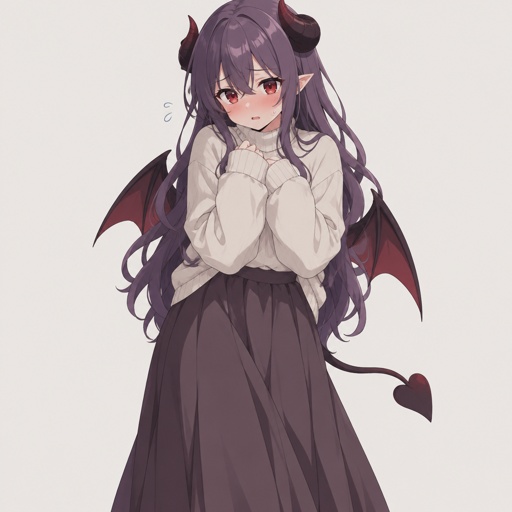 Young succubus, modest, sweater, long skirt, nervous, long purple hair, red eyes