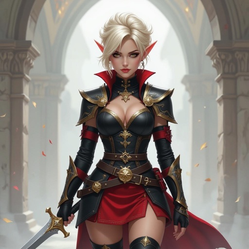 Blonde Pixie Cut High Elf Fantasy Cleric Assassin black and Red mini skirt 