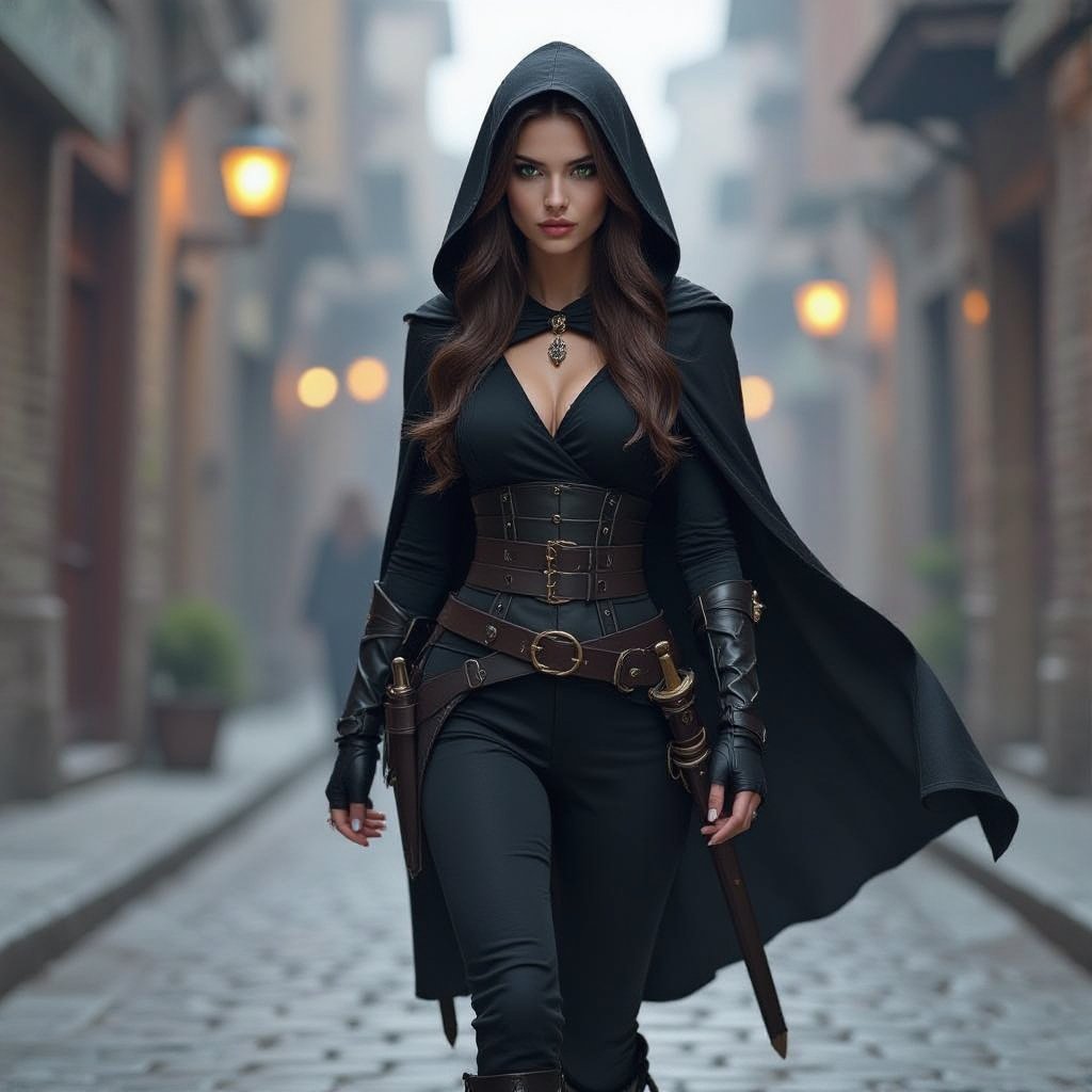 Human woman. Brown long hair and green big eyes. She wears a black cape. A tight black blouse and black pants. She has a belt on which he carries daggers and swords. She wears high, heavy boots. She carries a short sword. She has a long sword on his back. She wears a hood. It's night. A dark alley. The screen is from below. A woman approaches us. A cold expression appears on her face. An amber necklace gleams around her neck. She wearing black armor. The woman is pale. She has a delicate beauty. Her eyes are painted black. She looks menacing. pale complexion