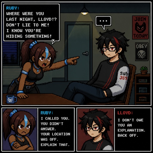 Anime style, Ruby she's dark skin with brown hair and light blue, streak, serious, intimidating, makes sure she gets all the answers she needs,very good at interrogating the suspect, is very loud, being calm is hard, loves tea.Anime white male, name Lloyd, hair messy very big long one loose braid, black hair with light red stripes, clean shaven,red eyes, long scary fingers spider fangs,glasses, sarcastic, cold, laugh mockingly, traumatized,was a unwillingly experiment many years before getting rescued, no memory of his past, has power of a spider, poisonous makes spider webs with his hands, can communicate and control spiders, on right arm a print says sub 389, doesn't remember anything from his past,very dangerous, being taken care of in a special agency.there all in the same room asking Lloyd questions,Lloyd is wearing casual clothes ,as a comic 