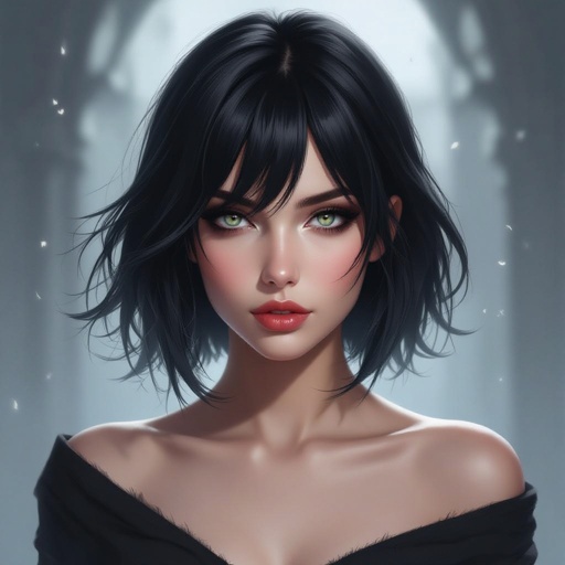 Create mysterious woman jet-black hair is cut sharpand her eyes seem to pierce through darkness. A shadowy aura clings to her form,