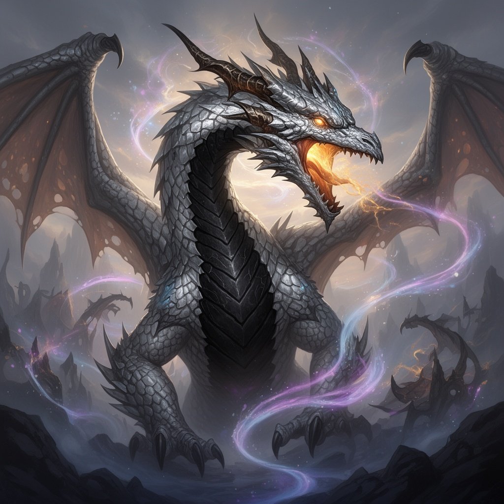 Silver dragon. Wyvern. Molten bronze eyed. Black belly. Horned head.