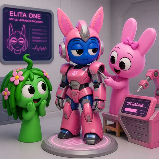 Vineria from Sprunki seeing Jevin from Sprunki merged with Pinki from Sprunki as Elita One with Pinki upgrading the armour 