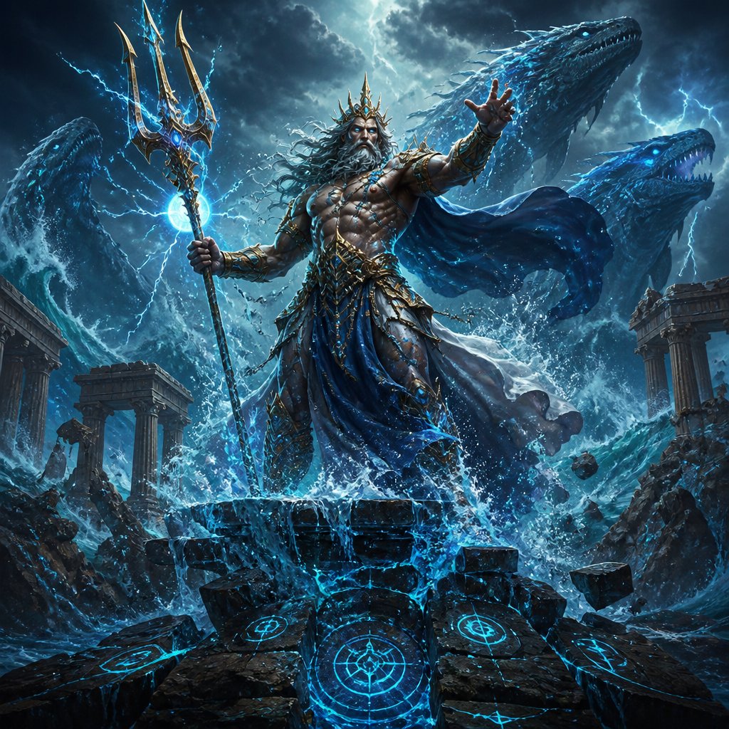 Poseidon lord of earthquakes facing off with divine anger in a shattered earth surface crushed by water