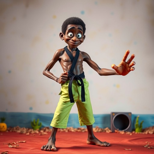 Create a character who looks like a funny African karate guy who doesn’t have a clue what he is doing. Make him have weird toes, only speedos on and a black karate belt. Make him tall skinny and slinky.