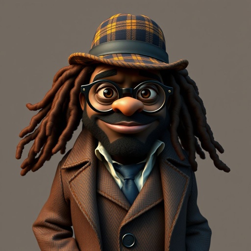 Create a funny serious fat character similar to Sherlock Holmes, but make him of black decent and with dread locks. Show his whole outfit including his shoes.