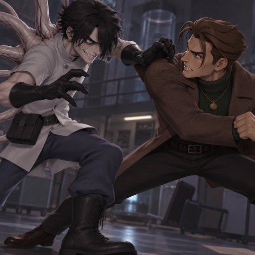 Male, black messy greasy hair, thin shoulder length hair in the back, long hair in the front covering one eye, blue eyes, eye bags, veins under eyes, pale tendrils coming out of back with veins, blue pants, boots, black rubber gloves, short scientist jacket buttoned up, belt with pouch, evil smile, Male, brushed back slightly messy brown hair, two hair strands in face, brown eyes, brown nice jacket, green turtleneck, gold necklace, black pants, nice shoes, fighting the other