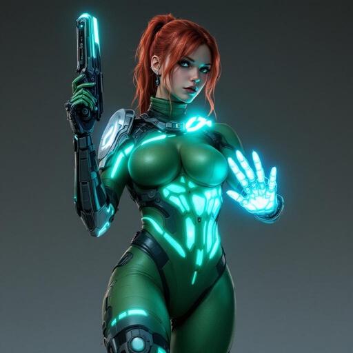 Full Body Mass Effect Babe wielding an Omni tool synthweave and Organza green spy suit red head