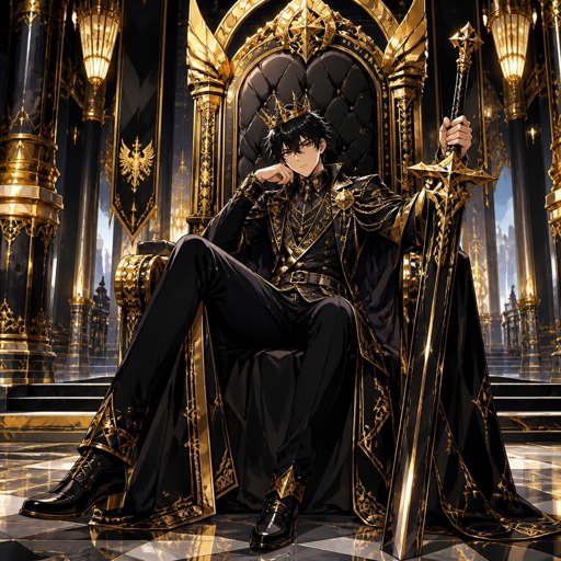 Create an original anime-style male Anime King, around 18–20 years old, tall, athletic and handsome, with messy black hair and sharp dark brown eyes.  He wears an elegant luxury black-and-gold royal outfit: a perfectly tailored black coat with intricate gold embroidery, a black shirt, fitted black trousers, polished black boots, and a luxurious dark cape with subtle gold detailing. He wears a sleek golden crown with a modern royal design.  He sits confidently on an enormous black-and-gold throne inside a magnificent futuristic royal palace. Golden chandeliers, massive pillars, polished marble floors, and dramatic shadows surround him.  One hand rests casually on the arm of the throne while the other holds an elegant black-and-gold sword. His expression is calm, confident and powerful, like a young ruler who doesn’t need to prove his authority.  Luxury cinematic anime style, black-and-gold color palette, dramatic royal lighting, highly detailed clothing and throne, sharp clean linework, sophisticated atmosphere, full-body composition, original character design, no existing anime character, no text, no watermark.