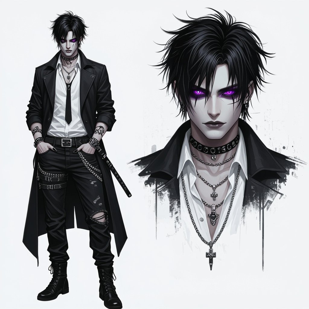 Good looking hót Violet Augen Black nail polish Pale skin Messy black hair with a few bleached white strands hair Bangs Black eyeshadow black lipstick White buttons shirt Black large baggy jeans Long black coat Very Loose black tie Lot of silver jewellery Chains belts Rings Bracelets and necklaces Rings Underground Tall slim Goth Really handsome male Charakter, Mak