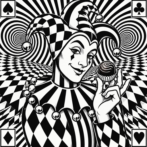Jester holding a candy truffle on in a bicycle playing card style   