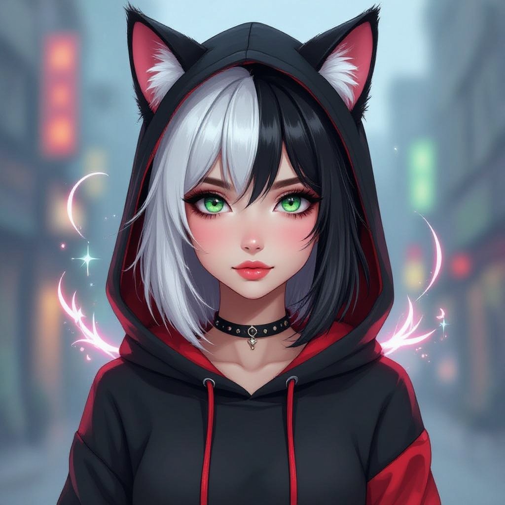 Młoda kobieta. Włosy do ramion, z grzywką, prawa połowa włosów biała, lewa połowa włosów czarna. Okrągła, pyzata twarz. Szaro-zielone oczy. wąskie usta. Ubrana w czarno czerwoną bluzę z kaptórem z kocimi uszkami. 