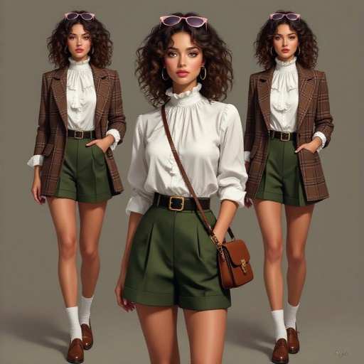 Frizzy Curls Brown Hair Lady Top: A white, high-neck blouse with vertical ruffles along the bodice and a frilled collar. The fabric appears lightweight and slightly sheer, with delicate texture or lace-like striping. The long sleeves are cuffed at the wrists with matching frills, adding a touch of femininity.

Outerwear: A brown plaid blazer with a classic check pattern, loose fit, and rolled cuffs revealing the lining. The interior appears to have a muted red or dusty-rose inner lining, giving it a hint of color contrast.

Bottoms: High-waisted green shorts with a clean, tailored fit and cuffed hems. They fasten at the waist with a black belt and button, creating a neat, structured silhouette that balances the flowy blouse.

Accessories: She carries a small, square brown crossbody bag with a long strap and flap closure, simple but fashionable. Pink sunglasses rest atop her head, adding a lively pop of color and personality.

Footwear: Brown oxford-style shoes paired with short white socks, folded down neatly at the ankle. The combination gives a vintage-inspired, preppy feel.