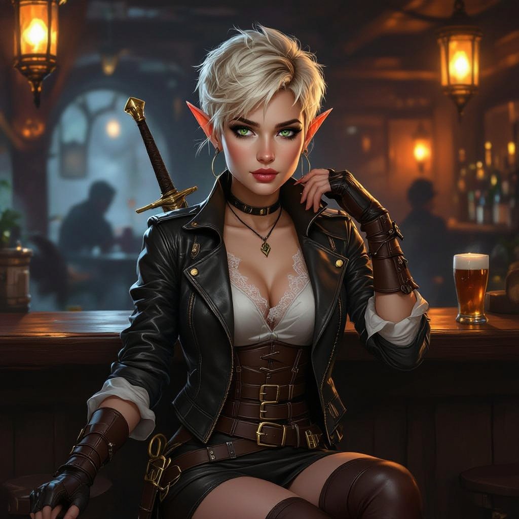 π¨ Prompt β βFfionna Baelyn: Shallow End Inn (Appearance + Scene Canon)β A semi-realistic fantasy painting of Ffionna Baelyn, a female High Elf assassin with a blonde pixie cut, fair ivory skin with warm undertones, and sharp green eyes flecked with gold. She has pointed ears and an elegant, athletic build. She wears a cropped brown leather jacket fitted to her waist with brass buckles and visible stitching detail, over a white sheer-lace blouse with a delicate neckline. A short, black fitted leather skirt sits high on her waist, sleek and practical. Her gloves are fingerless brown leather, and her thigh-high brown boots match in tone, polished with subtle shine and high, narrow heels. Two polished short swords with gold-filigree guards and brown leather-wrapped hilts rest symmetrically at her hips, catching the light faintly. Ffionna sits at the wooden bar inside the Shallow End Inn, perched on a stool with one leg crossed over the other in a confident, relaxed pose. Her expression is calm, observant, and composed β a professional at rest but ever alert. The scene is dimly lit by warm lanterns and candles reflecting off bottles and swamp water beyond the open shutters. The air feels humid, the wood aged and dark, and a faint mist glows beneath the lanterns. Lighting should be warm and balanced, highlighting her features and outfit details with natural, painterly texture. Composition: full-body to shins, semi-realistic fantasy art style following the 8-heads rule of proportion.