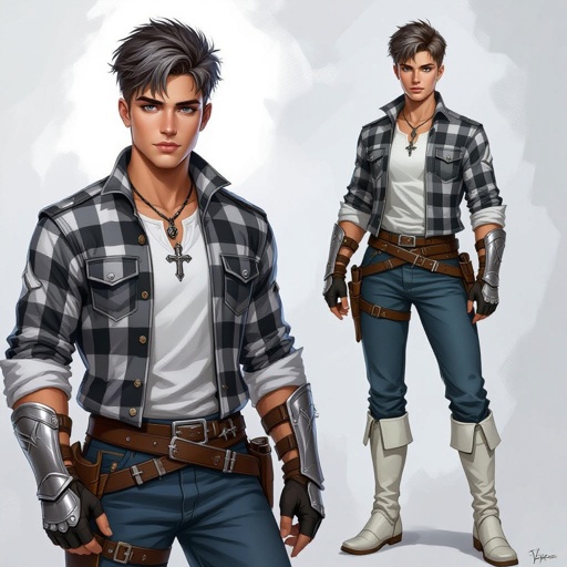 A 20 year old guy with grey eyes, short brown hair styled in a loose undercut modern curtain, wearing white airforce shoes, white socks, a white under shirt with a grey, black, and white plaid shirt with blue jeans, hands are black open fingered gloves, cross necklace