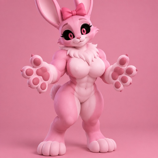 Pinki from Sprunki as her kind WereRabbit self noticing that she’s getting bigger and stronger with her feet looking like WereRabbit paws and her hands looking the same with her eyes turning black and her pupils turning pink with her chest getting more muscular and her boobs getting a little bigger and her legs bulking out to be as muscular as her arms as her neck gets fluffier and her head gets more fur with her cheek fur originally being flush with her face sticking out with her ears turning into a WereRabbits and her pink bow stays on her head 